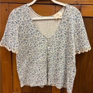 Sézane Blue Floral Cotton Top with Lace Detail Size XS